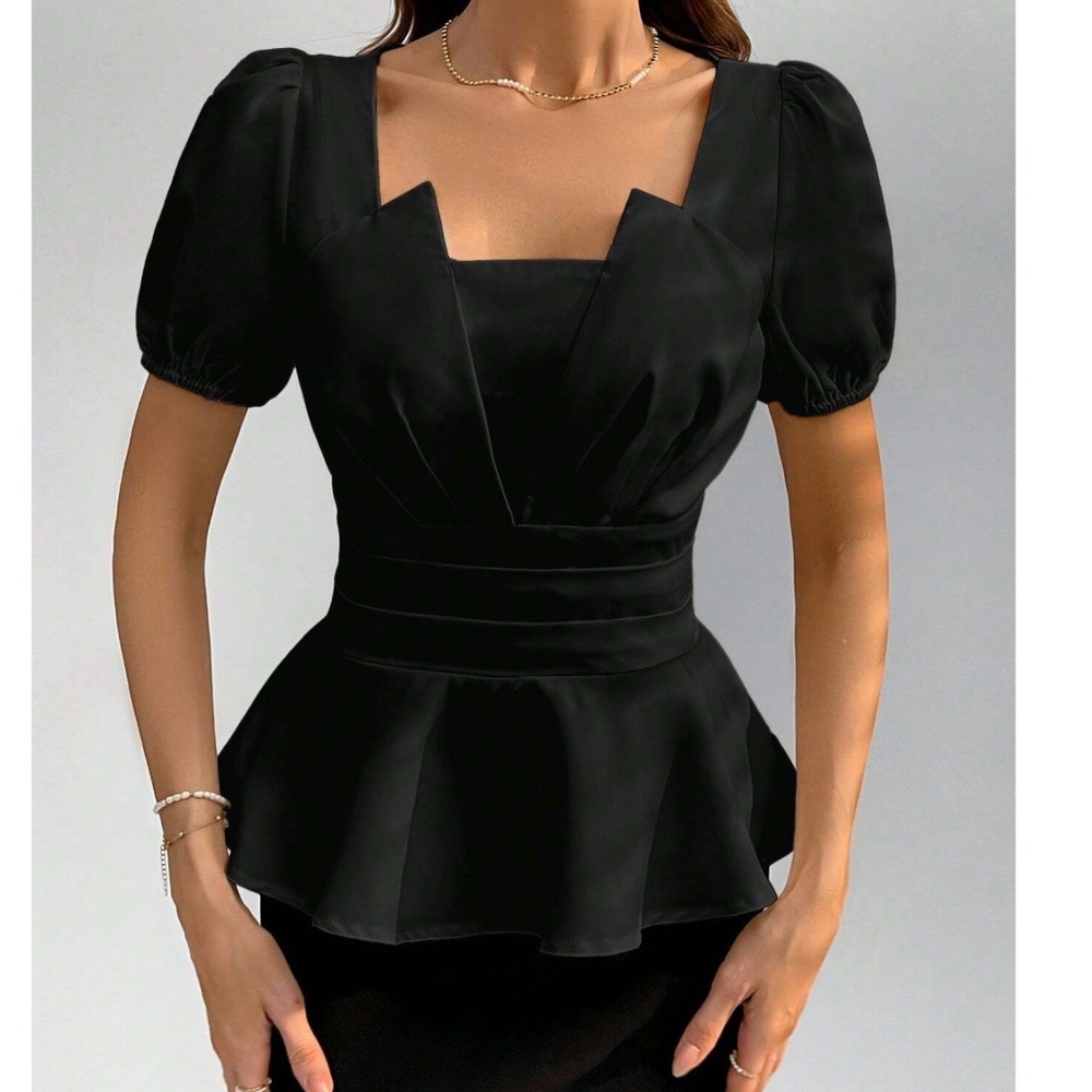 Classic Solid Puff Sleeve Ruffle Hem Blouse - Picture 7 of 12